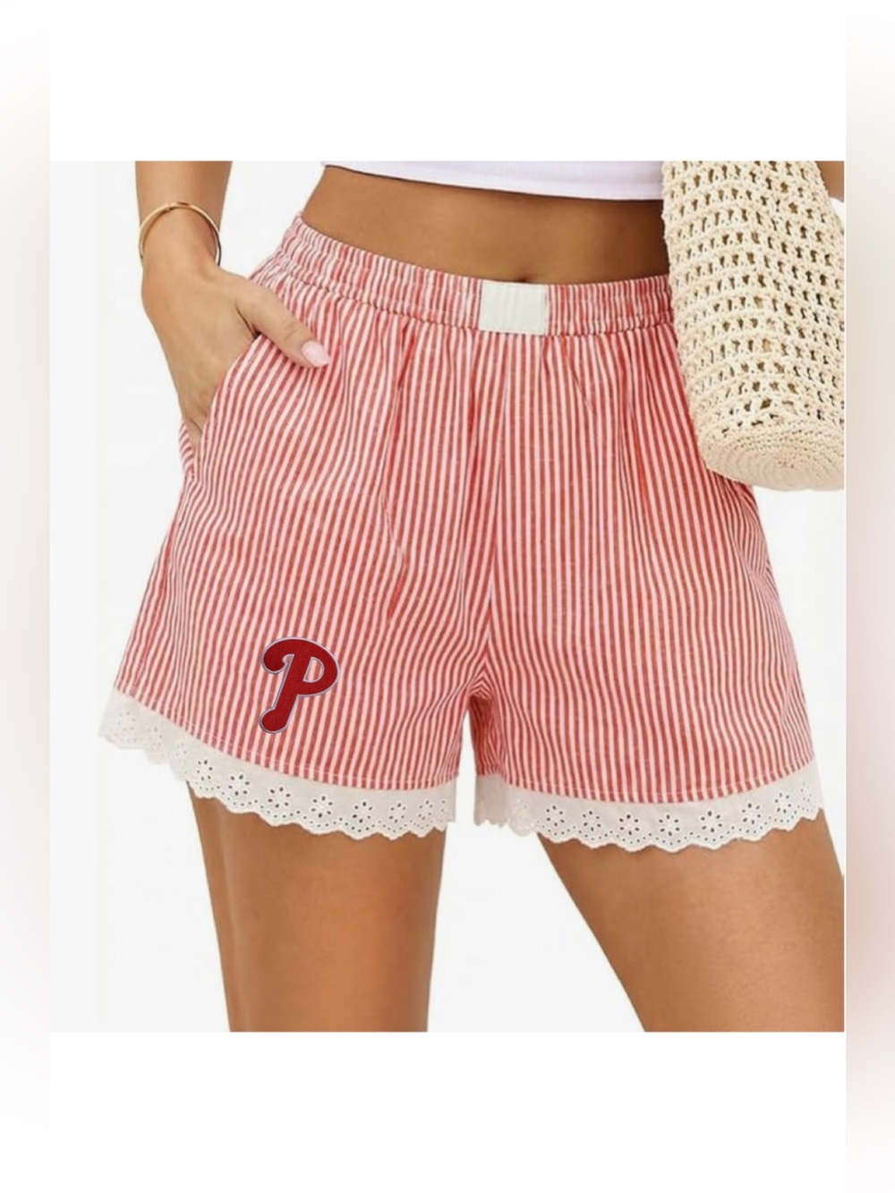Phillies Red Striped Women's Shorts with Lace Trim